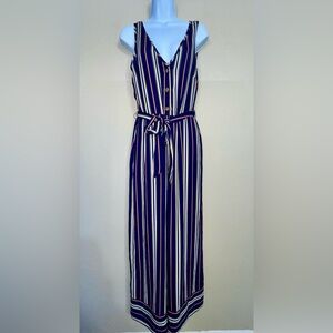 Xhilaration WideLeg Navy/Cream Striped Jumpsuit w belt buttons and pockets Small